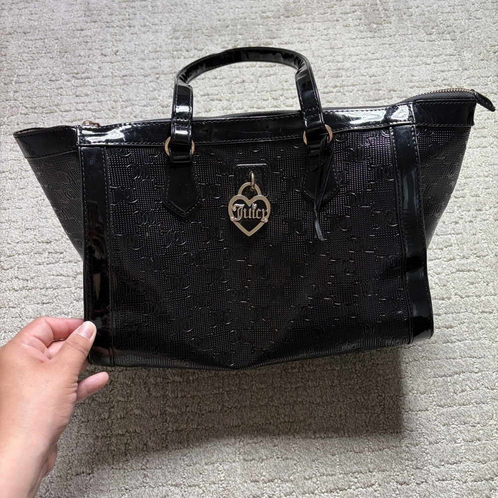 Juicy Couture Simply Perfect Tote Black Embossed Monogram Gold Heart Licorice
